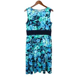 Serengeti Dress Midi Sleeveless Shift Floral Blue Green Summer Party Women’s M
